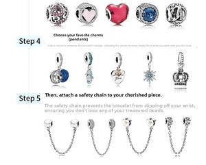 Detail of silver DIY charms with crown, blue zircon heart, and safety chain assembly