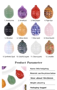 Matrix display of twelve hand-carved natural gemstone mini hedgehog animal figurines
