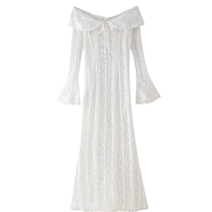 Elegant white lace off-shoulder maxi dress with long bell sleeves in a clean layout