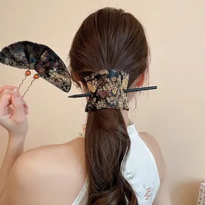 Chinese Style Hair Stick And Fabric Wrap Embroidered Brocade Flower Pattern Vintage Hair Accessories For Women Cheongsam