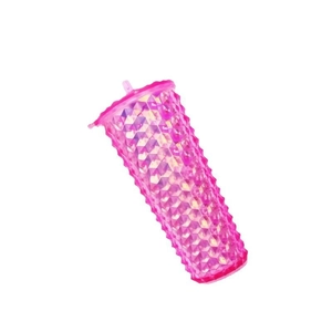 Pink diamond-textured miniature straw cup keychain with lid on white background