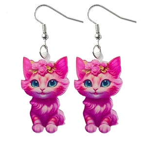 Pink acrylic cat earrings with floral wreath and disco ball vibe on white background