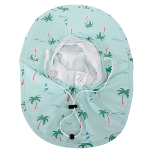 Detail of blue sun hat with neck flap, palm tree print, and breathable mesh lining