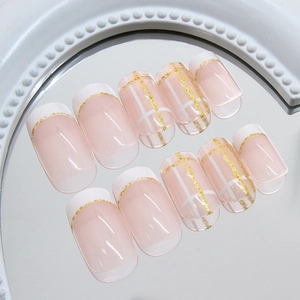 French tip press-on nails with gold glitter grid pattern on nude base, 24pcs set