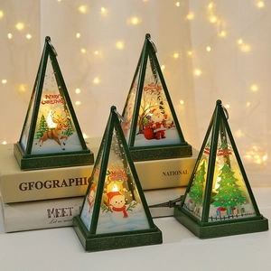 LED Christmas Lantern Triangular Decorative Night Light ABS Glass Warm Atmosphere Lamp For Holiday Desktop Ornament