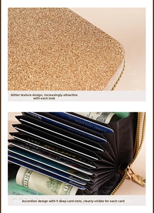 Detail view of champagne gold sequin card holder featuring organized accordion pockets