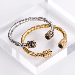 Minimalist stainless steel twisted cable cuff bracelets in gold and silver with black onyx