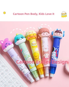 Close-up of five colorful cartoon retractable erasers with dinosaur and rabbit patterns