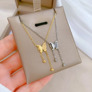 Butterfly Tassel Pendant Necklace Titanium Steel Minimalist Long Drop Beads Chain Fashion Jewelry For Women