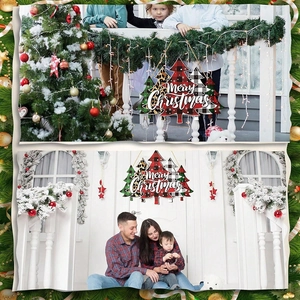Detail of Christmas tree wooden sign with red plaid and Merry Christmas lettering