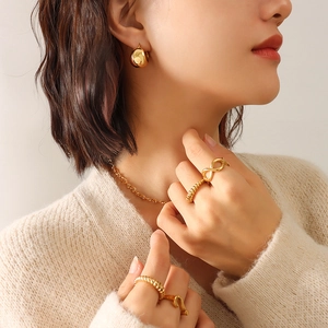 18K gold plated stainless steel jewelry set with ball earrings and minimalist rings