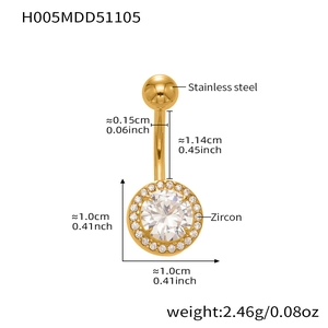 Detailed view of gold stainless steel belly ring with zircon stone and size dimensions