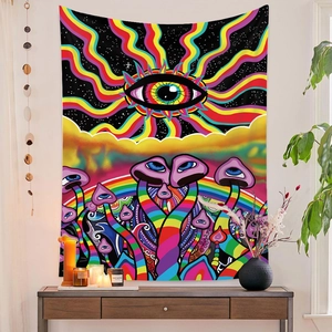 Macro detail of psychedelic tapestry featuring rainbow eyes and surreal mushrooms on wall