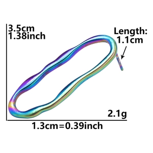Macro detail of iridescent stainless steel wavy hoop earring with size and weight specs