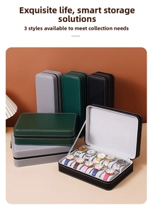 Three leather watch travel cases in black, green and grey colors with plush lining