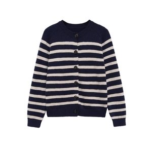 Striped knit cardigan in navy and white with classic round neck and black buttons
