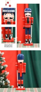 Detailed views of a wooden hockey nutcracker soldier with helmet and hockey stick