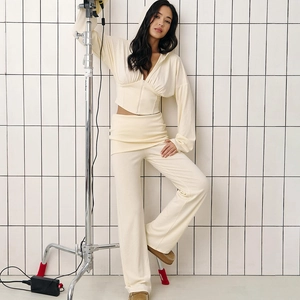 Women's 2-piece cream beige tracksuit with zip-up hoodie and wide-leg sweatpants set