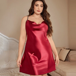 Elegant red satin slip nightdress with drape neck and silky smooth finish for women