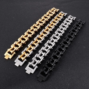 Detailed view of 22mm men's motorcycle chain bracelets in gold, silver, and black finishes