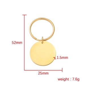 Golden stainless steel round pendant keychain with size specifications and weight