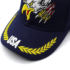 Close-up of 3D USA embroidery and eagle crest on a navy twill cotton baseball cap