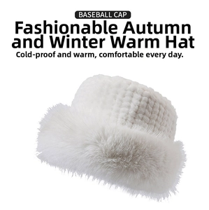 Close-up of the white plush faux fur brim and quilted knit texture of the winter hat