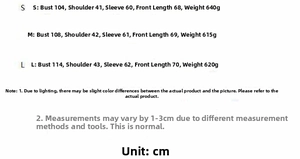 Size chart for satin blazer featuring bust, shoulder and length details for S, M, and L sizes