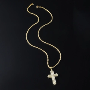 Hip hop gold cross pendant necklace with sparkling diamonds on a twisted rope chain
