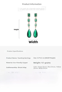Detailed size chart for water drop earrings made of copper with inlaid zircons