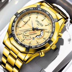 Men's gold-tone waterproof chronograph watch with octagonal bezel and date display