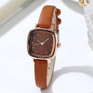 Minimalist square women's watch with rose gold case and brown leather strap