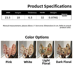 Detailed size guide and four color options for the strawberry and floral moon bags