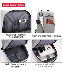 Internal compartments of grey business backpack showing laptop and accessory storage