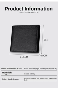 Detailed size chart for slim men's PU leather wallet showing black and brown options