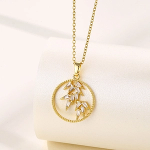 Bamboo Leaf Pendant Necklace Stainless Steel Round Hollow Rhinestone Zircon 18K Gold Plated Elegant Jewelry For Women