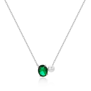 Detail of silver chain with oval emerald green gemstone and white pearl pendant