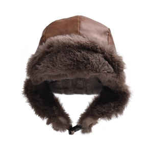 Brown faux leather trapper hat with thick plush lining and adjustable buckle for winter