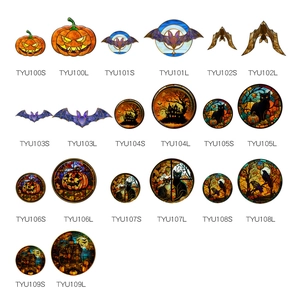 Detailed catalog showing Halloween acrylic pendants in various sizes and festive designs