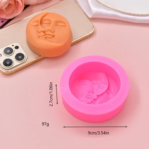 Pink silicone sun and moon face mold for chocolate cake decoration with size markers