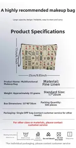 Detail view of linen mahjong print cosmetic bag showing 17x25cm size and 33g weight