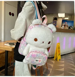 Detail of plush rabbit backpack with white faux fur, animal print and pink straps
