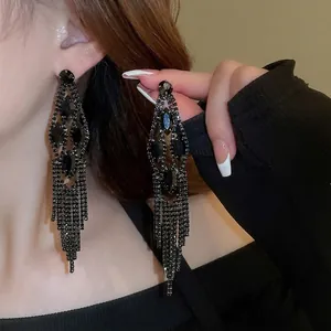 Elegant dark style silver needle drop tassel earrings with black rhinestones for women