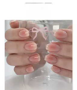 Pink blush gradient press-on nails with glossy jelly finish in short coffin shape JP4148