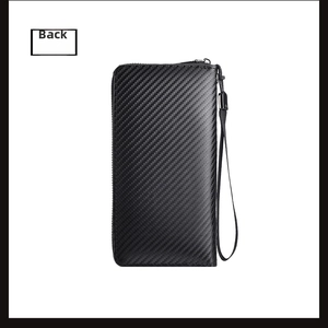 Detailed back view of a black carbon fiber texture long wallet with metal zipper and strap