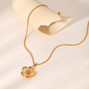French vintage gold flower pendant necklace with twist chain and sparkling crystals