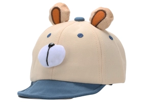 Detail of baby baseball cap featuring plush bear ears and a cute 3D muzzle design