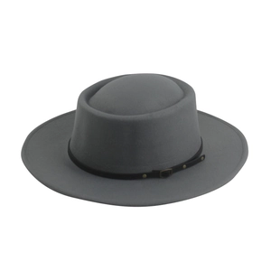Classic grey felt wide brim boater hat with black leather band and gold buckle detail