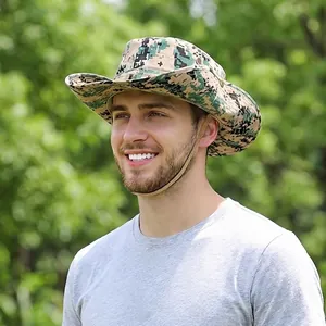 Outdoor digital camouflage sun hat with wide brim and adjustable chin strap for fishing