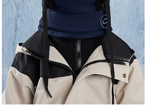 Close-up of windproof winter kid hat with sport logo and thick fleece neck warmer